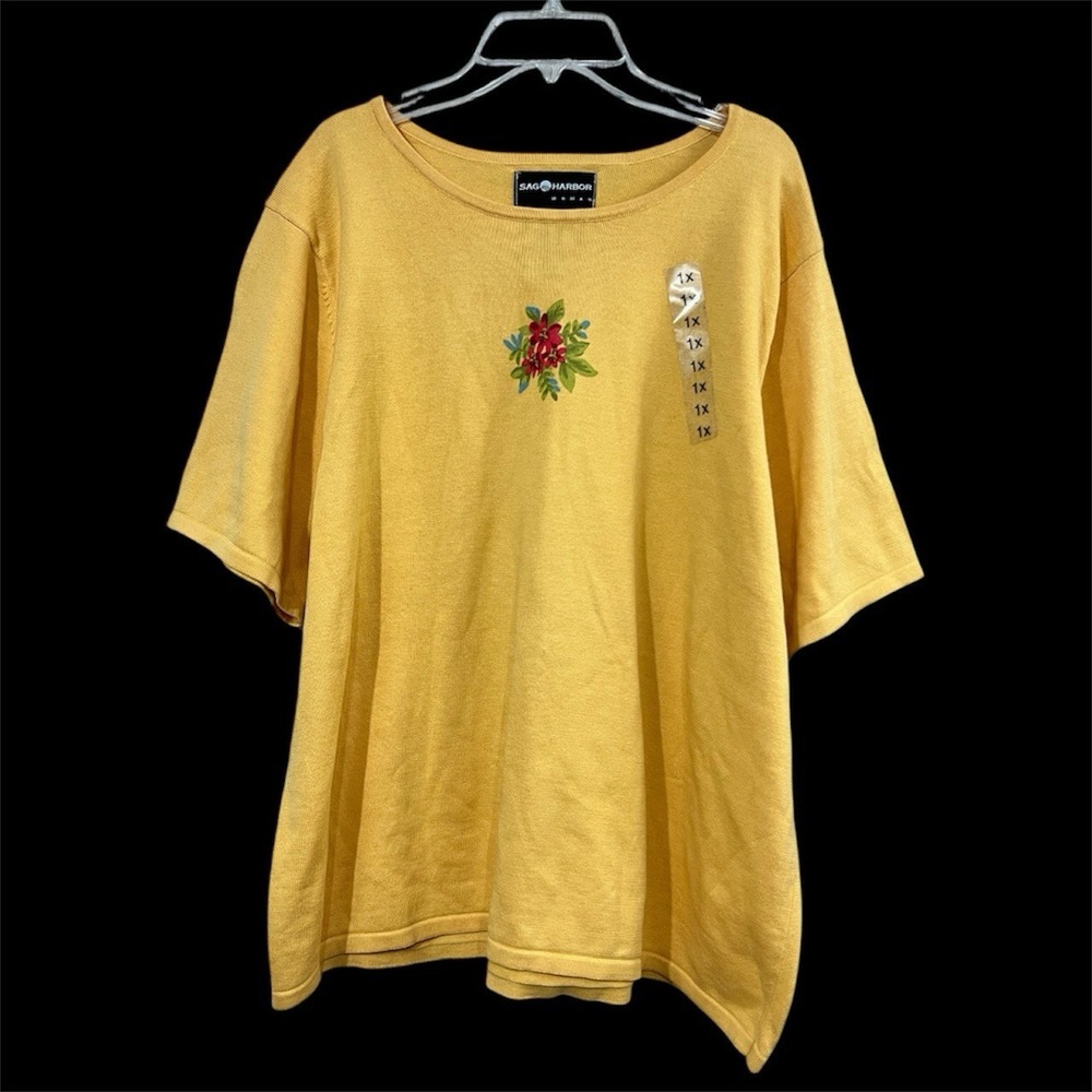 Vtg Sag Harbor Sweater Knit Top 1X Yellow Floral Beaded Short Sleeve Cottagecore